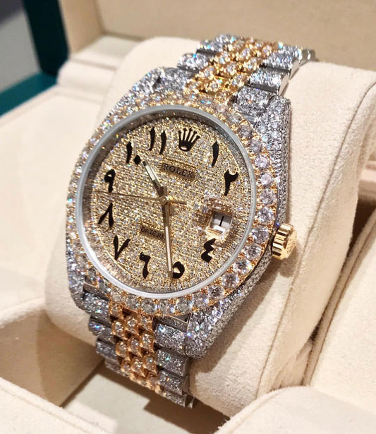 Iced Out  Datejust  | Two Tone | 10 Carats of Diamonds | Full Diamond Arabic Diamond Dial watch